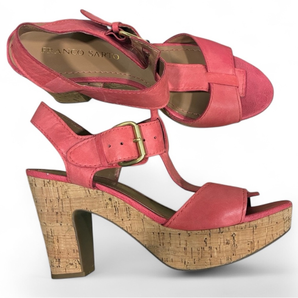 Shoes Leather/Cork Franco Sarto Fat Platforms Reddish Pink Leather Gold Buckle